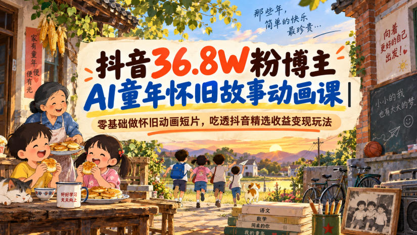 抖音36.8W粉博主AI童年怀旧故事动画课｜零基础做怀旧动画短片，吃透抖音精选收益变现玩法-云创网
