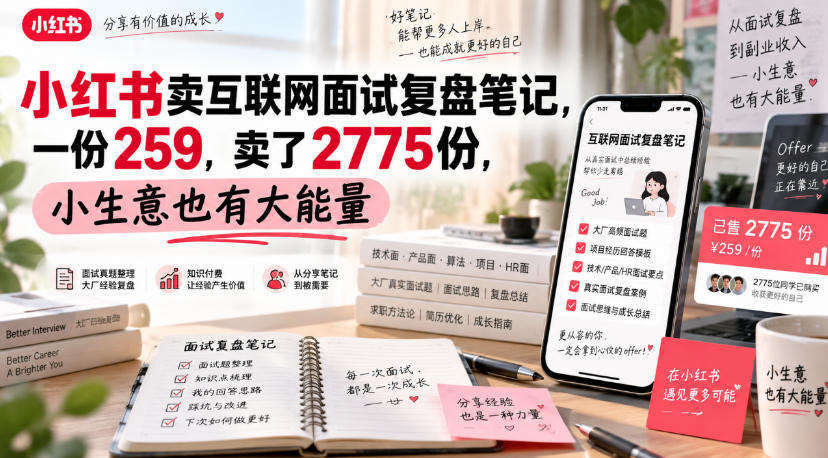 小红书卖互联网面试复盘笔记，一份259，卖了2775份，小生意也有大能量-云创网