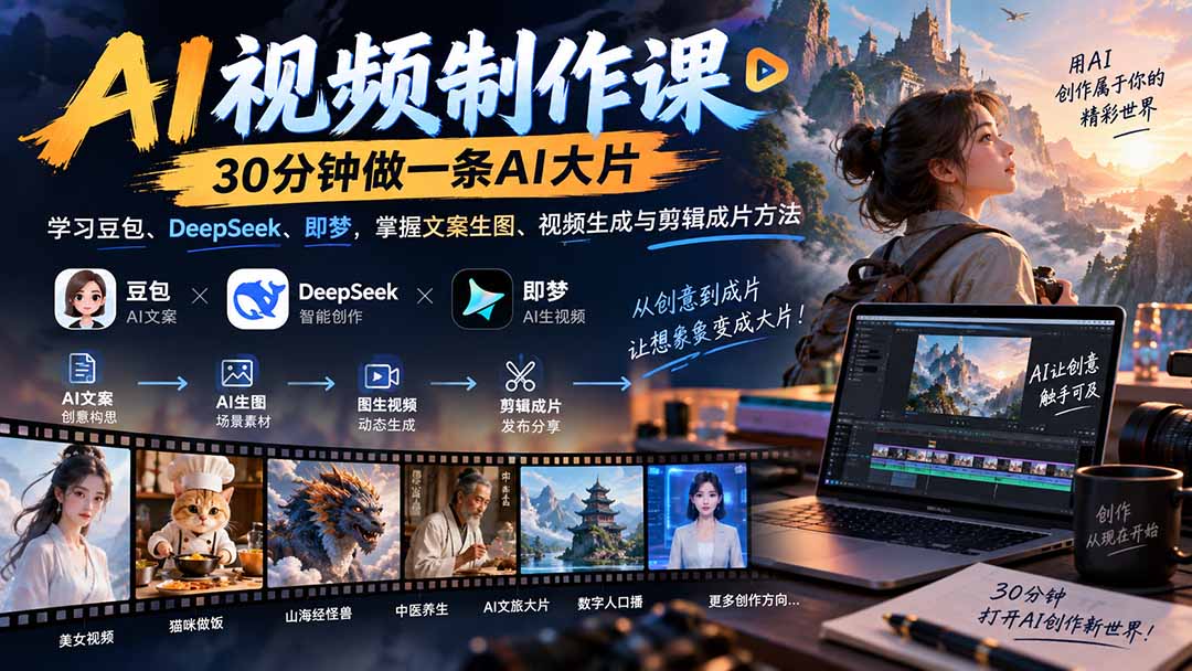 AI视频制作课-30分钟做一条AI大片：学习豆包、DeepSeek、即梦，掌握文案生图、视频生成与剪辑成片方法-云创网