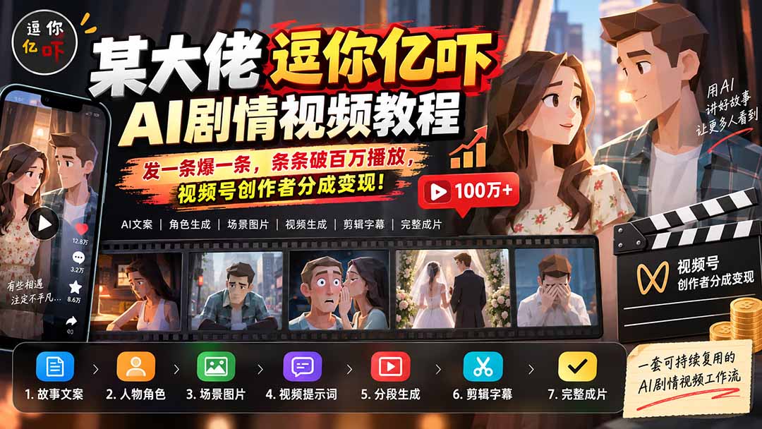 某大佬逗你亿吓AI低模剧情视频制作教程：发一条爆一条，条条破百万播放，利用视频号创作者分成变现!-云创网