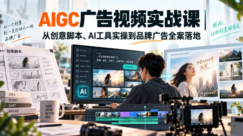 AIGC广告视频实战课｜从创意脚本、AI工具实操到品牌广告全案落地-云创网