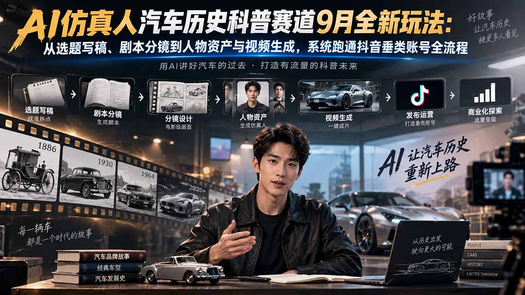 AI仿真人汽车历史科普赛道9月全新玩法：从选题写稿、剧本分镜到人物资产与视频生成，系统跑通抖音垂类账号全流程-云创网