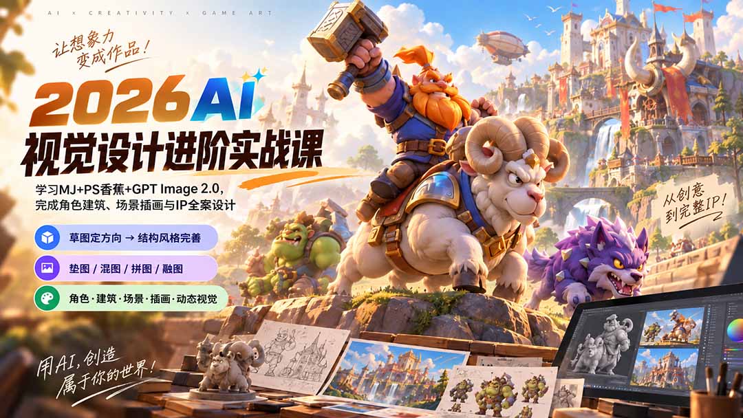 2026AI视觉设计进阶实战课-更新：学习MJ+PS香蕉+GPT Image 2.0，完成角色建筑、场景插画与IP全案设计-云创网