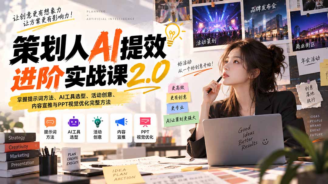 策划人AI提效进阶实战课2.0：掌握提示词方法、AI工具选型、活动创意、内容宣推与PPT视觉优化完整方法-云创网