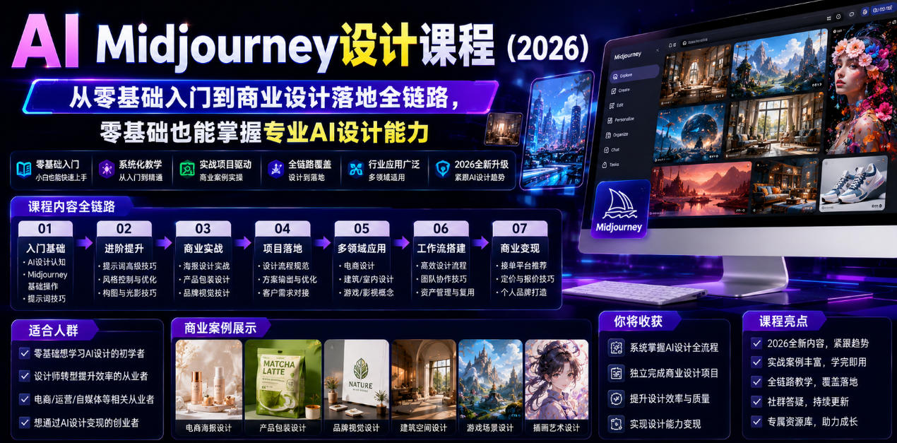 AI Midjourney设计课程(2026)，从零基础入门到商业设计落地全链路，零基础也能掌握专业AI设计能力(更新0913)-云创网