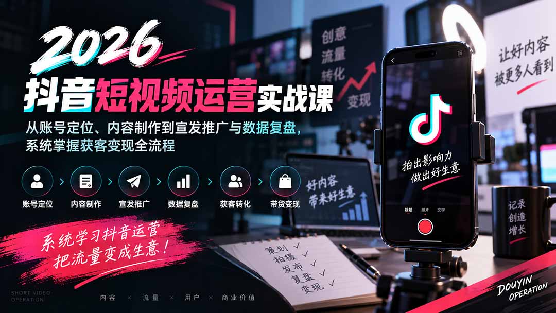 2026抖音短视频运营实战课：从账号定位、内容制作到宣发推广与数据复盘，系统掌握获客变现全流程-云创网