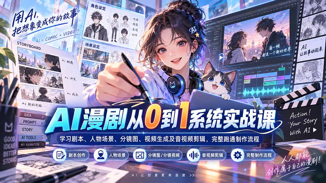 AI漫剧从0到1系统实战课：学习剧本、人物场景、分镜图、视频生成及音视频剪辑，完整跑通制作流程-云创网