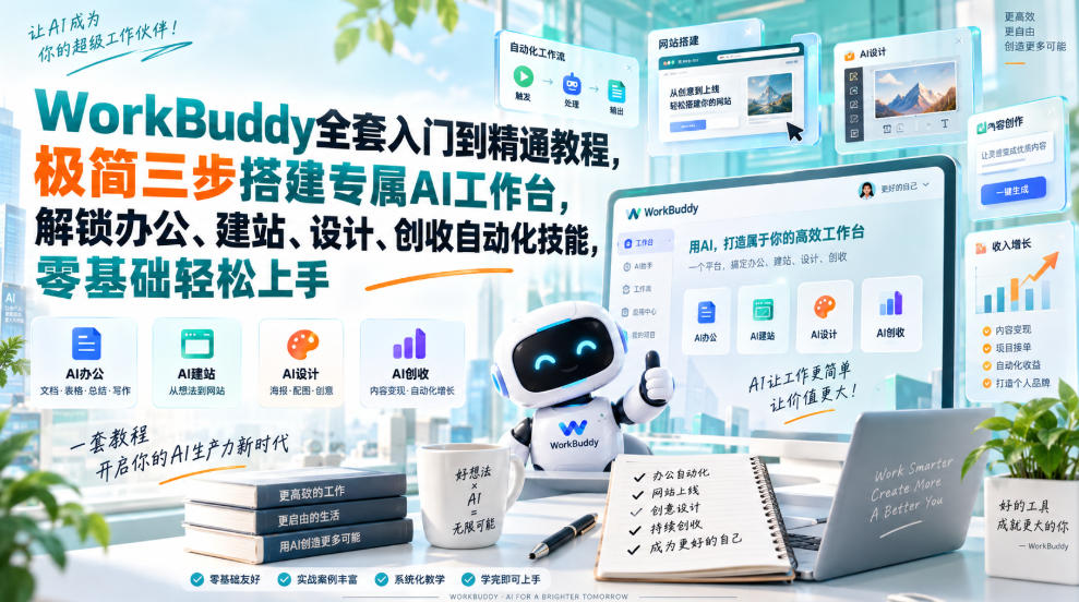WorkBuddy全套入门到精通教程，极简三步搭建专属AI工作台，解锁办公、建站、设计、创收自动化技能，零基础轻松上手-云创网