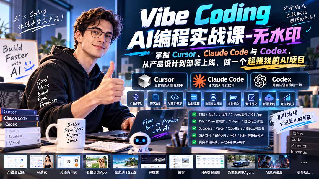 Vibe Coding AI编程实战课-无水印：掌握Cursor、Claude Code与Codex，从产品设计到部署上线，做一个超赚钱的AI项目-云创网