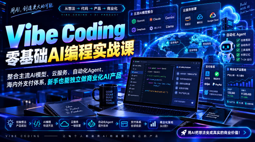 Vibe Coding零基础AI编程实战课-无水印，整合主流AI模型、云服务、自动化Agent、海内外支付体系，新手也能独立做商业化AI产品-云创网