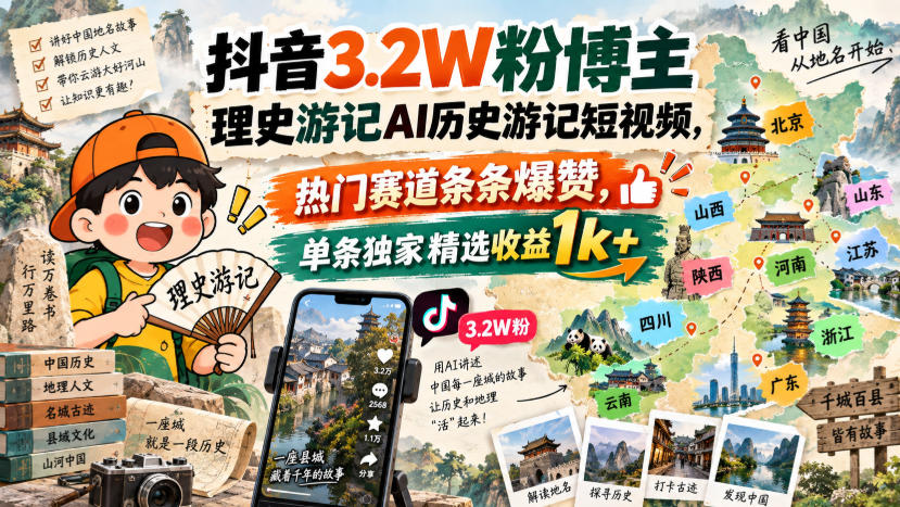 抖音3.2W粉博主理史游记AI历史游记短视频教学，热门赛道条条爆赞，单条独家精选收益1k+-云创网