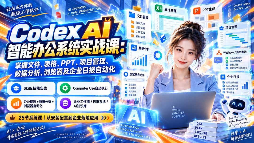 Codex AI智能办公系统实战课：掌握文件、表格、PPT、项目管理、数据分析、浏览器及企业日报自动化-云创网