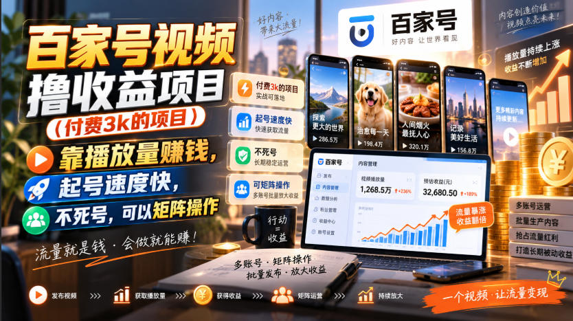 百家号视频撸收益项目(付费3k的项目)，靠播放量賺钱，起号速度快，不死号，可以矩阵操作-云创网