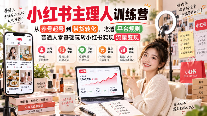 小红书主理人训练营，从养号起号到带货转化，吃透平台规则，普通人零基础玩转小红书实现流量变现-云创网
