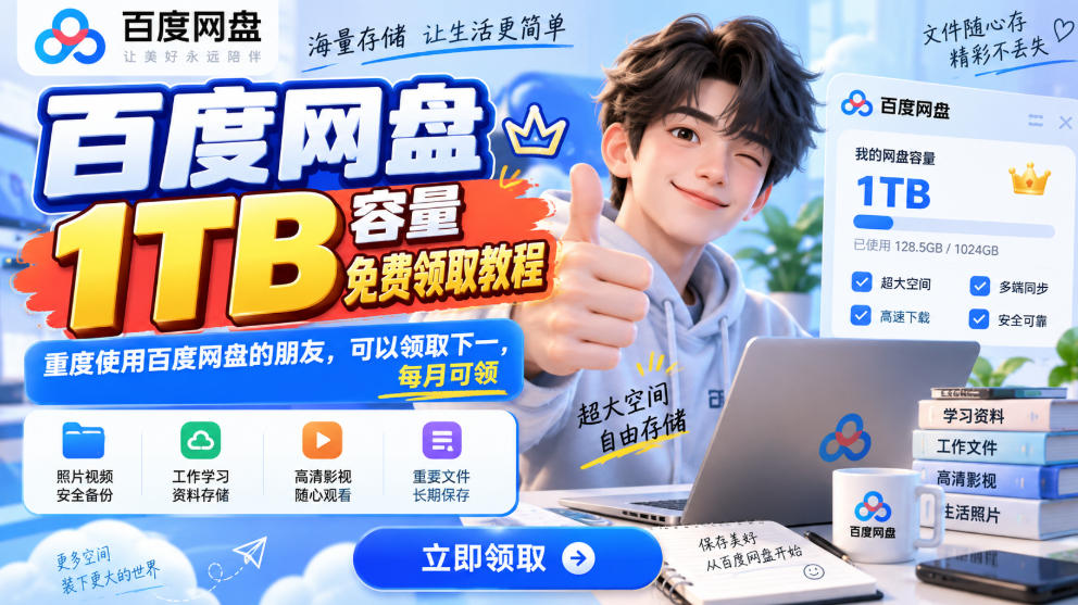 百度网盘1TB容量免费领取教程，重度使用百度网盘的朋友，可以领取下一，每月可领-云创网