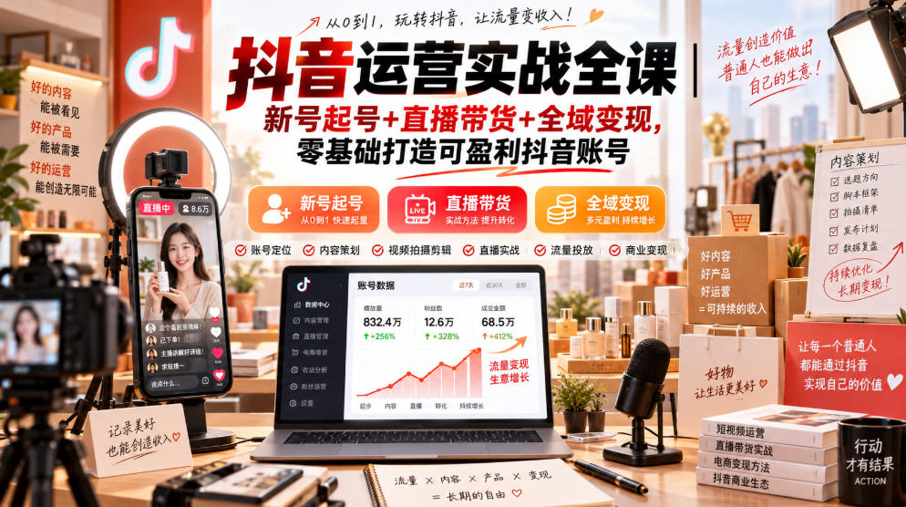 抖音运营实战全课｜新号起号+直播带货+全域变现，零基础打造可盈利抖音账号-云创网