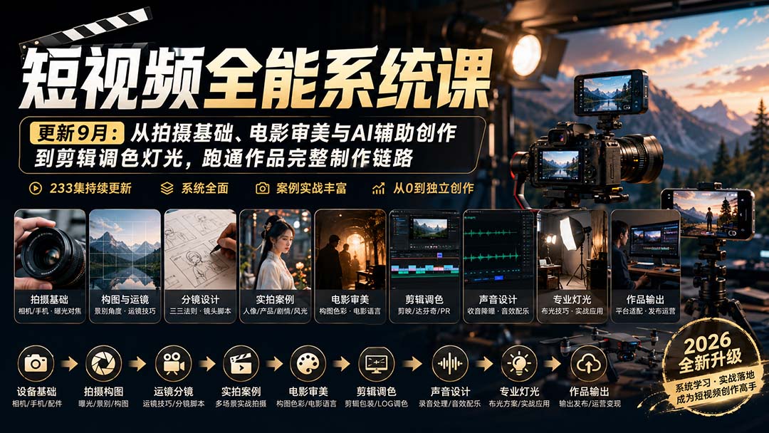短视频全能系统课-9月完整版：从拍摄基础、电影审美与AI辅助创作到剪辑调色灯光，跑通作品完整制作链路-云创网