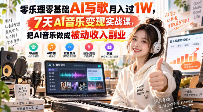 零乐理零基础AI写歌月入过1W，7天AI音乐变现实战课，把AI音乐做成被动收入副业-云创网