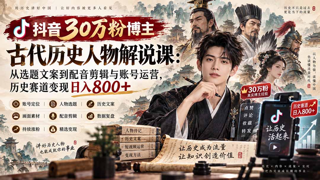 抖音30万粉博主古代历史人物解说课：从选题文案到配音剪辑与账号运营，历史赛道变现日入800+-云创网