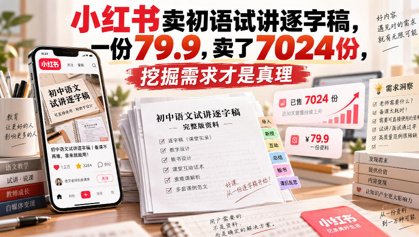 小红书卖初语试讲逐字稿，一份79.9，卖了7024份，挖掘需求才是真理-云创网