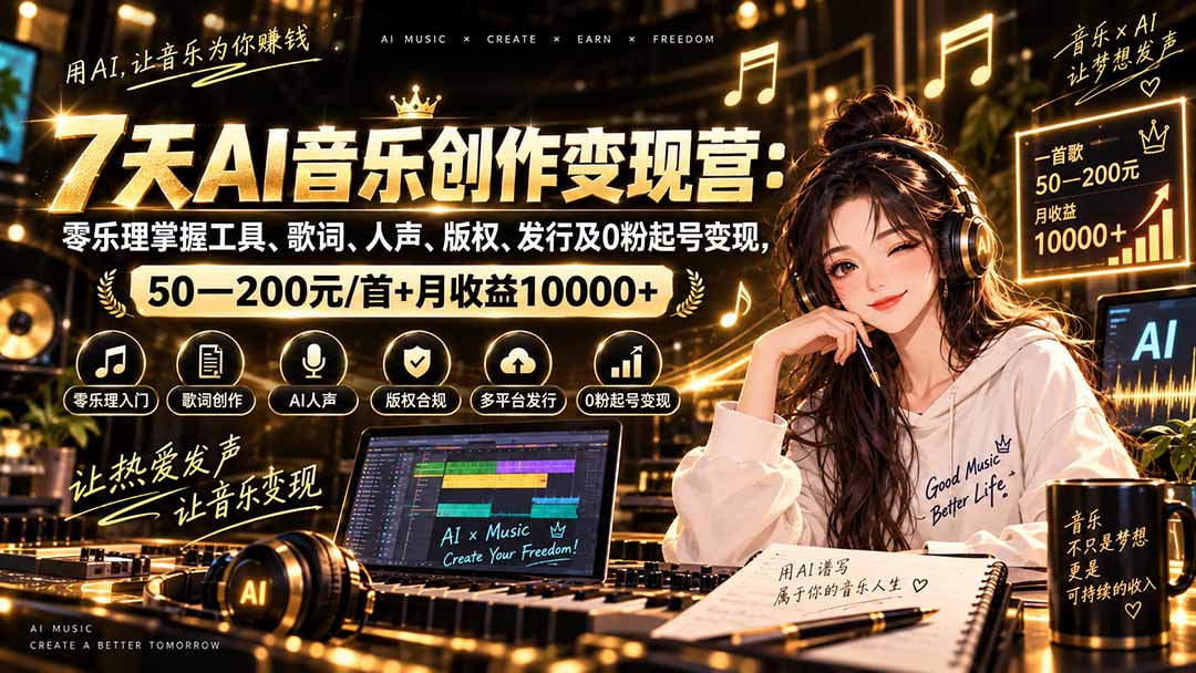 AI音乐创作变现营：零乐理掌握工具、歌词、人声、版权、发行及0粉起号变现，50—200元/首+月收益10000+-云创网