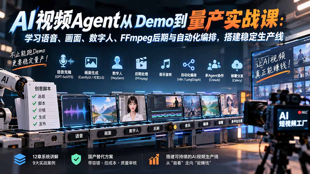 AI视频Agent从Demo到量产实战课：学习语音、画面、数字人、FFmpeg后期与自动化编排，搭建稳定生产线-云创网