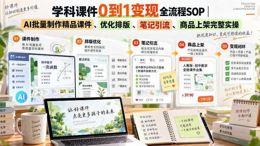 学科课件0到1变现全流程SOP｜AI批量制作精品课件、优化排版、笔记引流、商品上架完整实操​-云创网