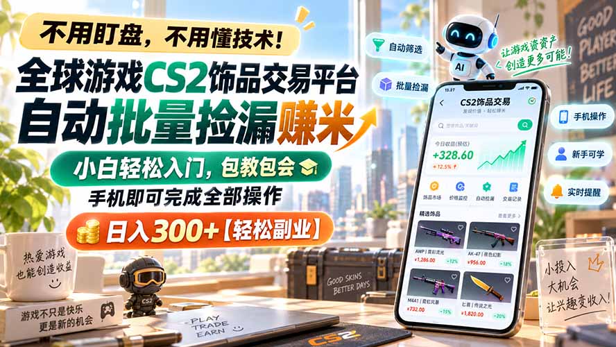 全球游戏CS2饰品交易平台自动批量捡漏赚米，小白轻松入门，包教包会，手机即可完成全部操作，日入300+【轻松副业】-云创网