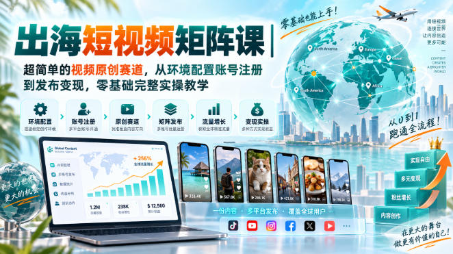出海短视频矩阵课｜超简单的视频原创赛道，从环境配置账号注册到发布变现，零基础完整实操教学-云创网