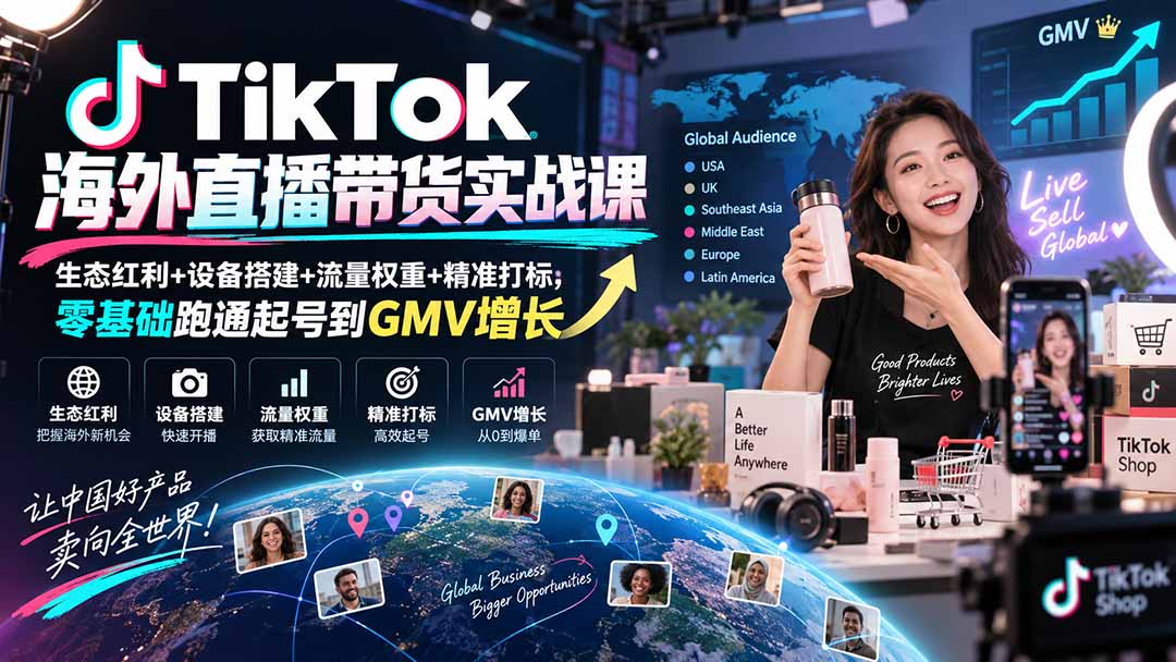 TikTok海外直播带货实战课｜生态红利+设备搭建+流量权重+精准打标，零基础跑通起号到GMV增长-云创网