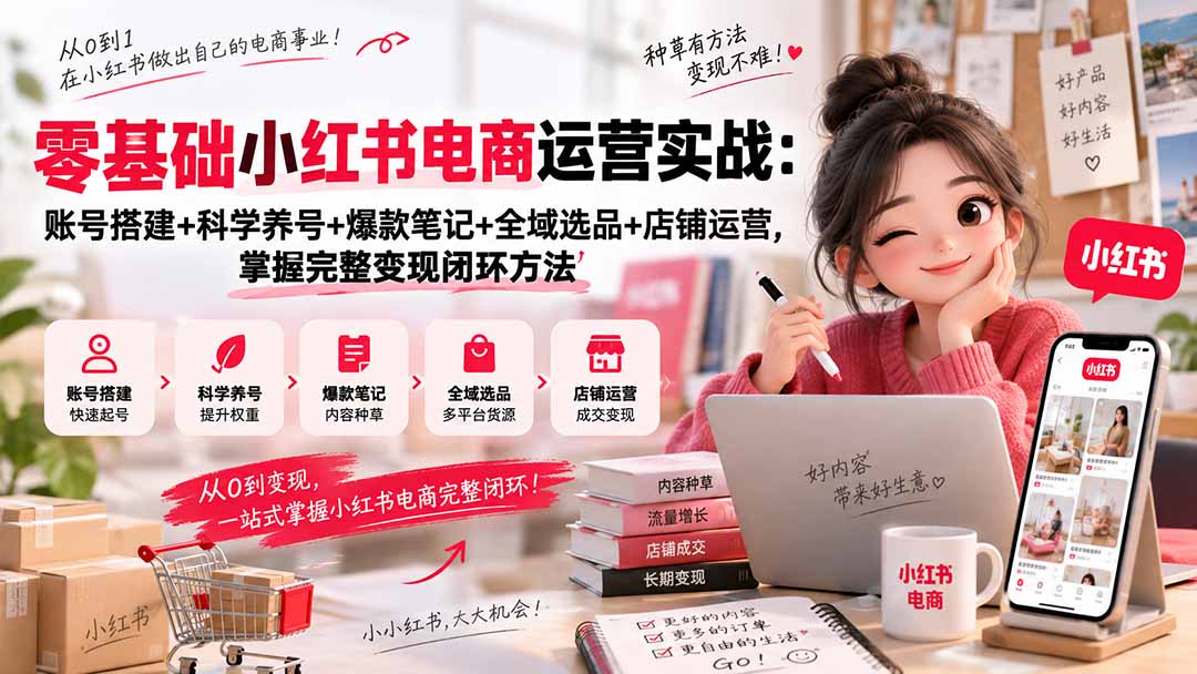 零基础小红书电商运营实战：账号搭建+科学养号+爆款笔记+全域选品+店铺运营，掌握完整变现闭环方法-云创网