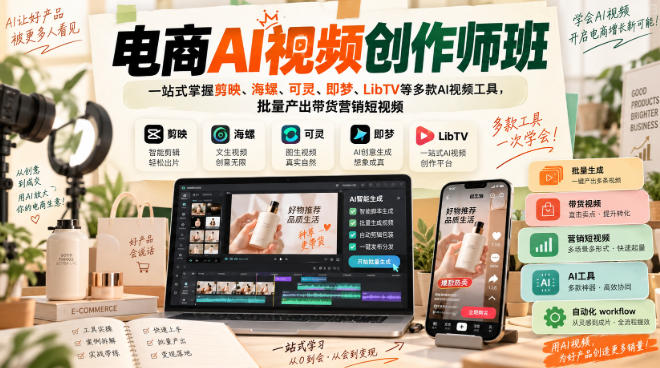 电商AI视频创作师班，一站式掌握剪映、海螺、可灵、即梦、LibTV等多款AI视频工具，批量产出带货营销短视频-云创网