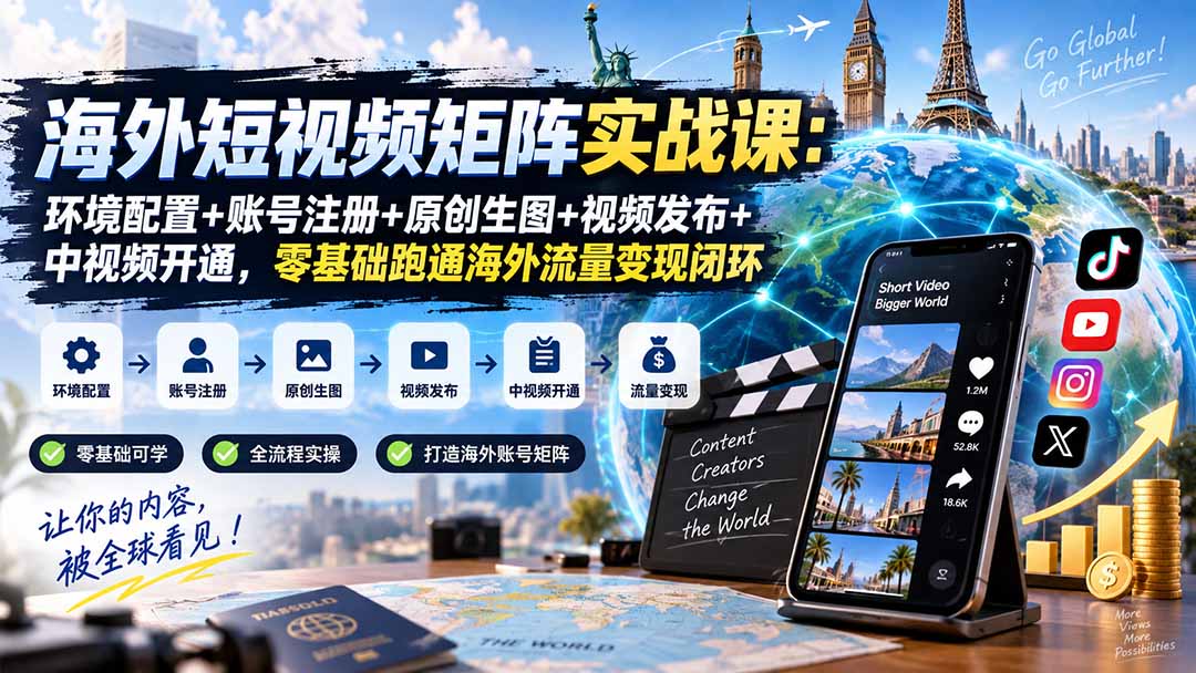 海外短视频矩阵实战课：环境配置+账号注册+原创生图+视频发布+中视频开通，零基础跑通海外流量变现闭环-云创网