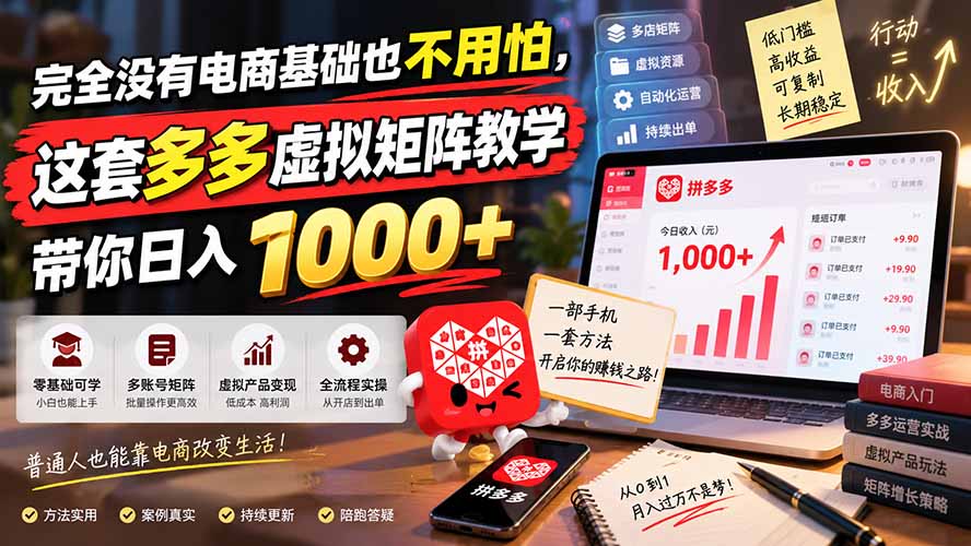 完全没有电商基础也不用怕，这套多多虚拟矩阵教学带你日入 1000+-云创网