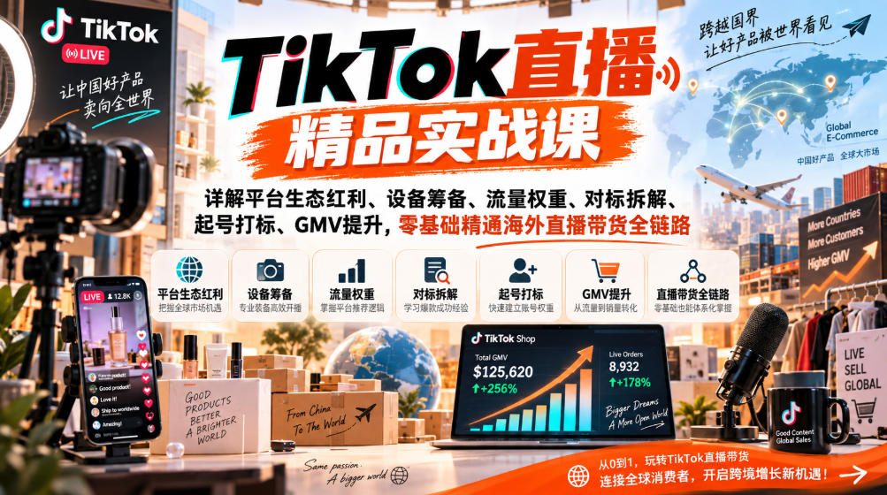 TikTok直播精品实战课，详解平台生态红利、设备筹备、流量权重、对标拆解、起号打标、GMV提升，零基础精通海外直播带货全链路-云创网