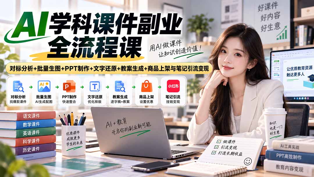 AI学科课件副业全流程课｜对标分析+批量生图+PPT制作+文字还原+教案生成+商品上架与笔记引流变现-云创网