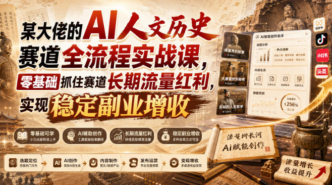 某大佬的AI人文历史赛道全流程实战课，零基础抓住赛道长期流量红利，实现稳定副业增收(更新)-云创网