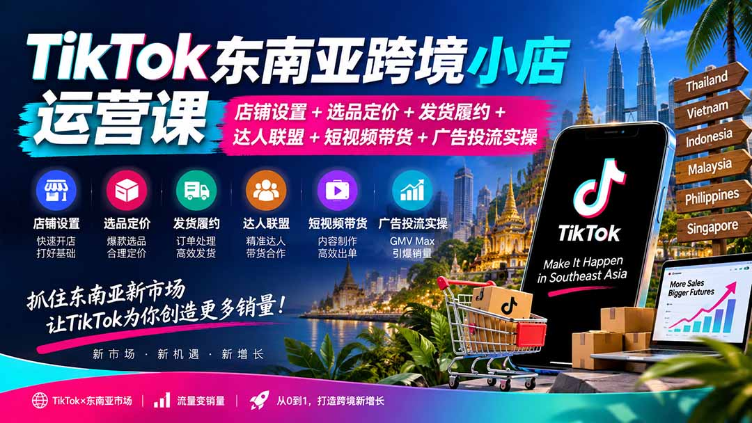 TikTok东南亚跨境小店运营课：店铺设置+选品定价+发货履约+达人联盟+短视频带货+广告投流实操-云创网