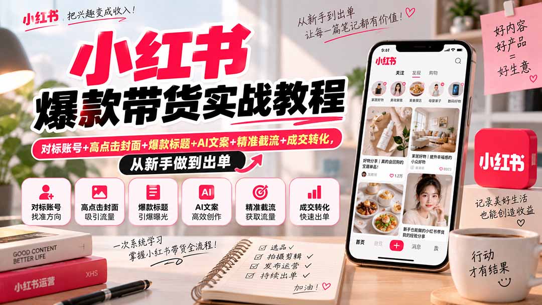 小红书爆款带货实战教程｜对标账号+高点击封面+爆款标题+AI文案+精准截流+成交转化，从新手做到出单-云创网