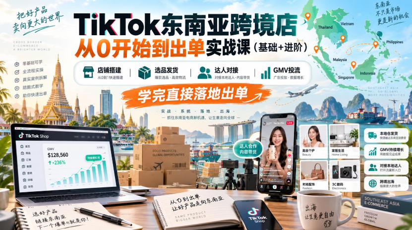 TikTok东南亚跨境店从0开始到出单实战课(基础+进阶)，店铺搭建、选品发货、达人对接、GMV投流，学完直接落地出单-云创网