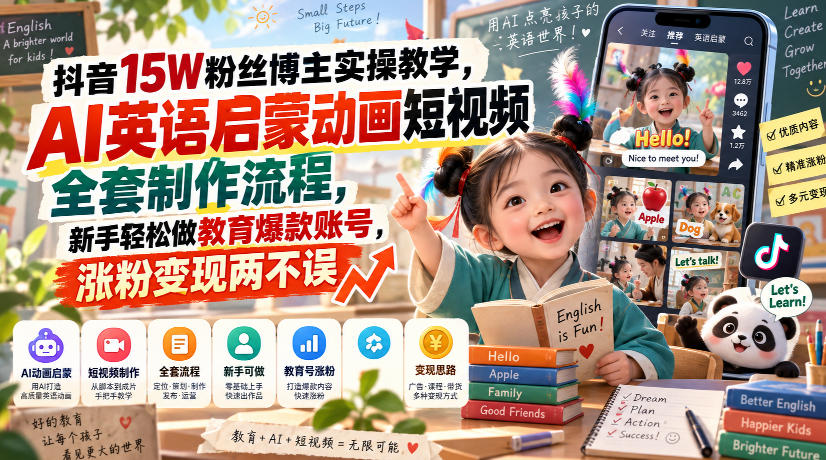 抖音15W粉丝博主实操教学，AI英语启蒙动画短视频全套制作流程，新手轻松做教育爆款账号，涨粉变现两不误-云创网