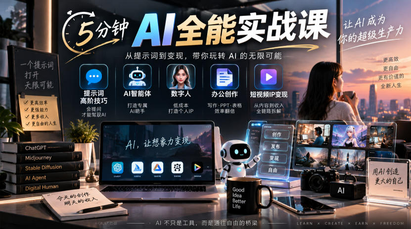 5分钟AI全能实战课｜提示词高阶技巧+AI智能体+数字人+办公创作+短视频IP变现全教程-云创网