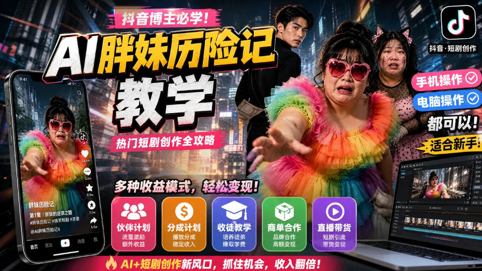 抖音博主的AI胖妹历险记教学，伙伴计划+分成计划+收徒+商单等多种收益，适合新手，手机电脑都可以操作-云创网