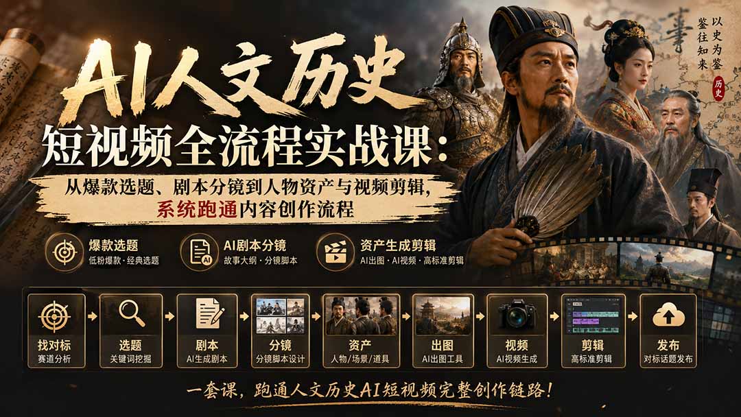 AI人文历史短视频全流程实战课-更新：从爆款选题、剧本分镜到人物资产与视频剪辑，系统跑通内容创作流程-云创网