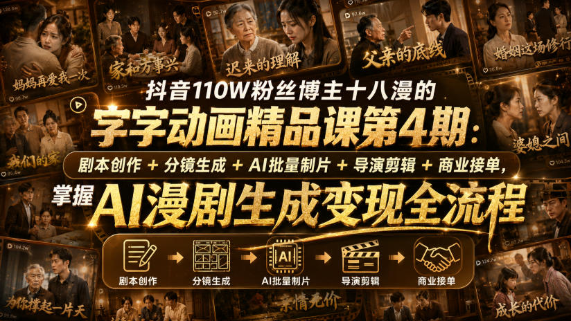 抖音110W粉丝博主十八漫的字字动画精品课第4期：剧本创作+分镜生成+剪辑+商业接单，掌握AI漫剧生成变现全流程(更新0916)-云创网