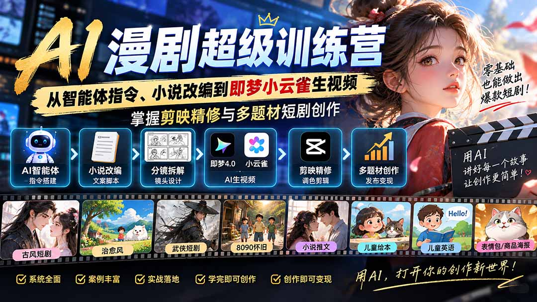 AI漫剧超级特训营：从智能体指令、小说改编到即梦小云雀生视频，掌握剪映精修与多题材短剧创作-云创网