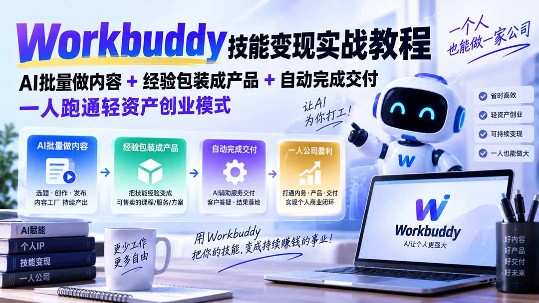 Workbuddy技能变现实战教程：AI批量做内容+经验包装成产品+自动完成交付，一人跑通轻资产创业模式-云创网