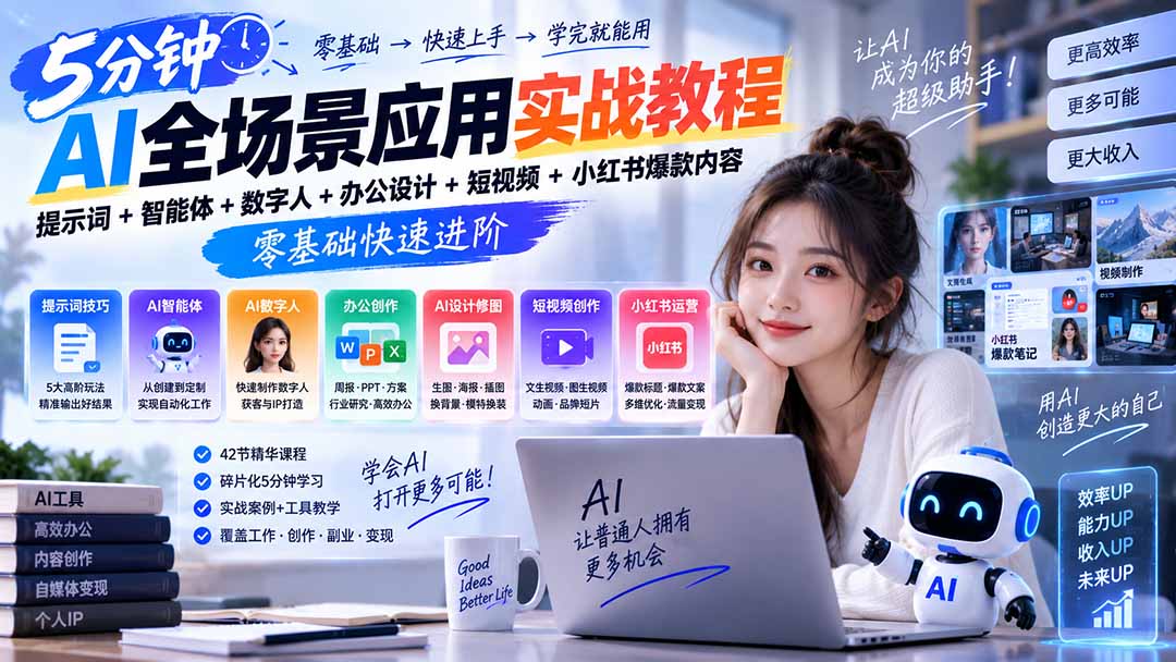 AI全场景应用实战教程｜提示词+智能体+数字人+办公设计+短视频+小红书爆款内容，零基础快速进阶-云创网