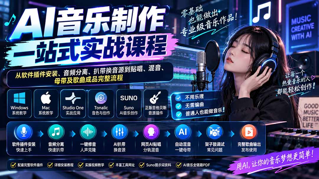 AI音乐制作一站式实战课程：从软件插件安装、音频分离、扒带换音源到贴唱、混音、母带及歌曲成品完整流程-云创网