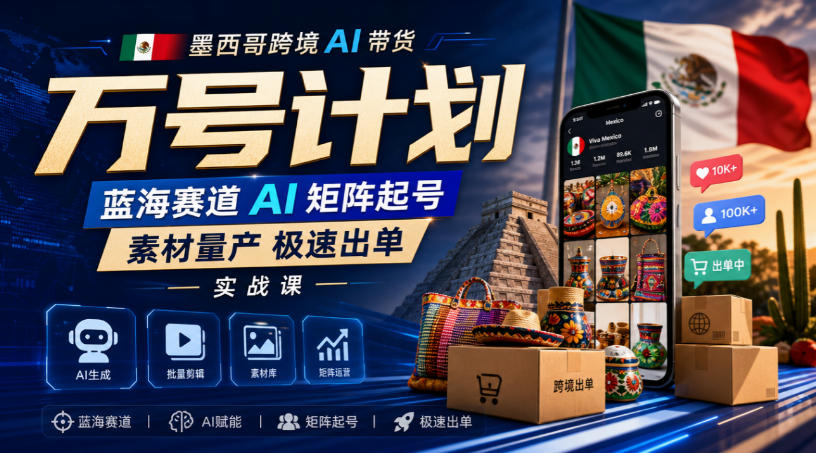 墨西哥跨境AI带货万号计划，蓝海赛道AI矩阵起号，素材量产极速出单实战课-云创网